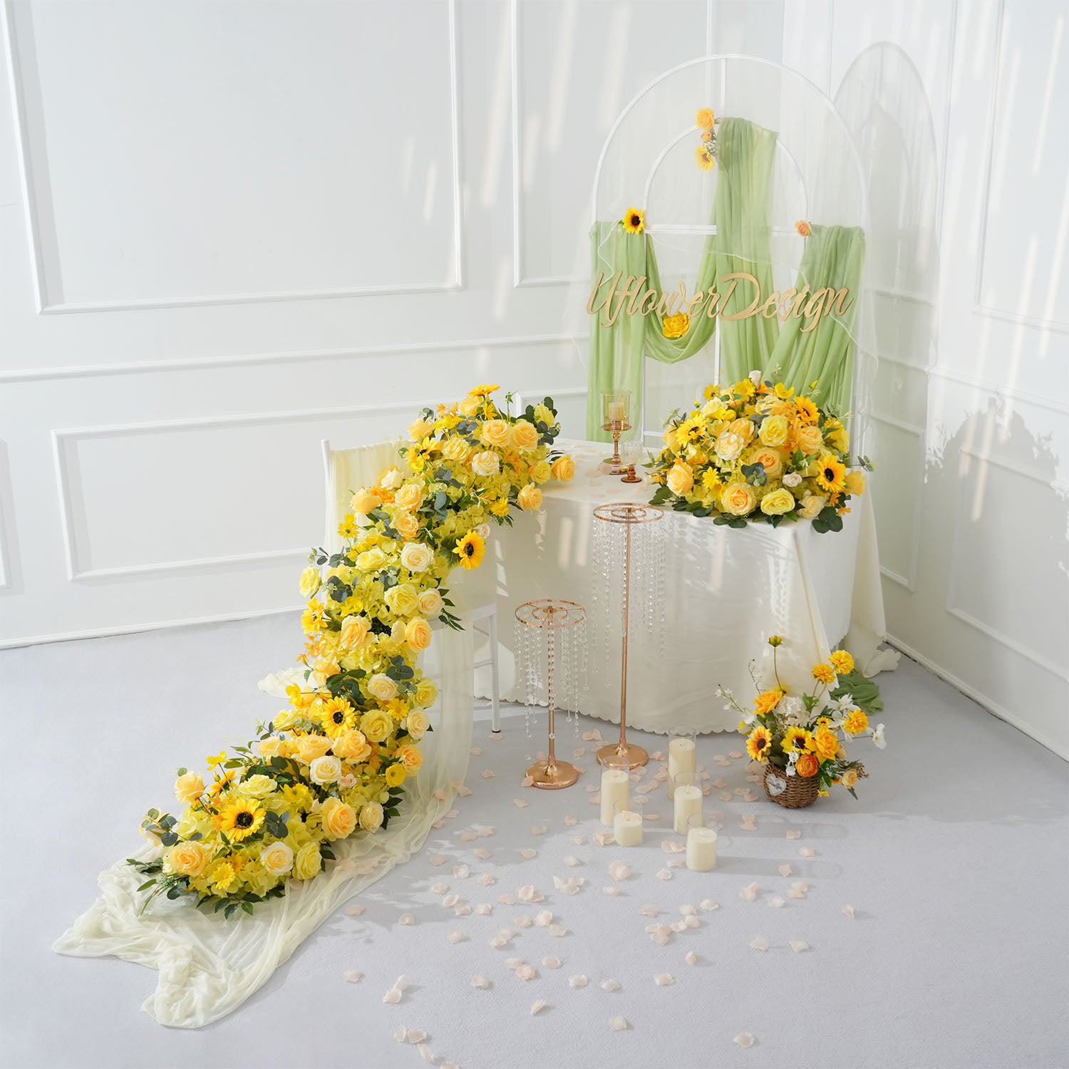 Uflower Yellow Rose Sunflower Table Runner Sofa Floral Wedding Backdrop Decor